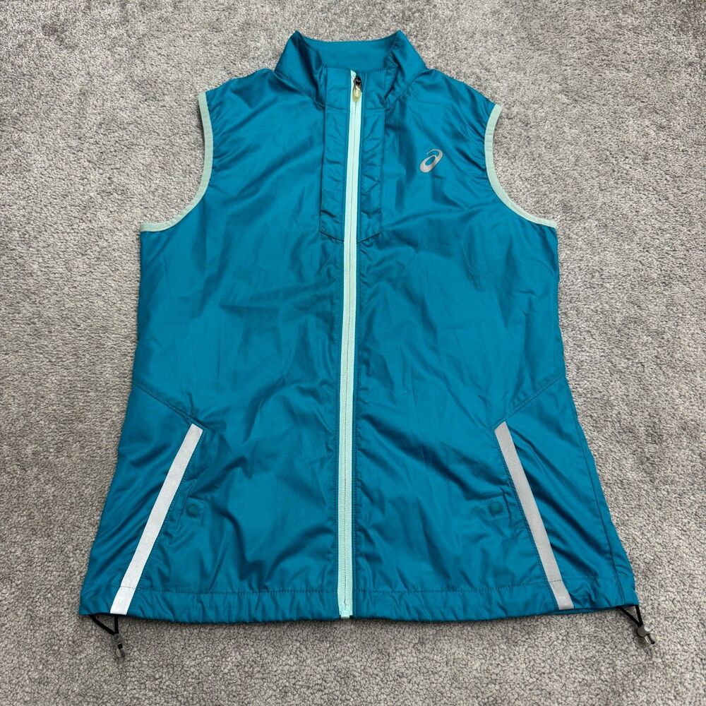 Asics Running Vest Jacket Womens Medium Blue Full Zip Pockets Lightweight Active